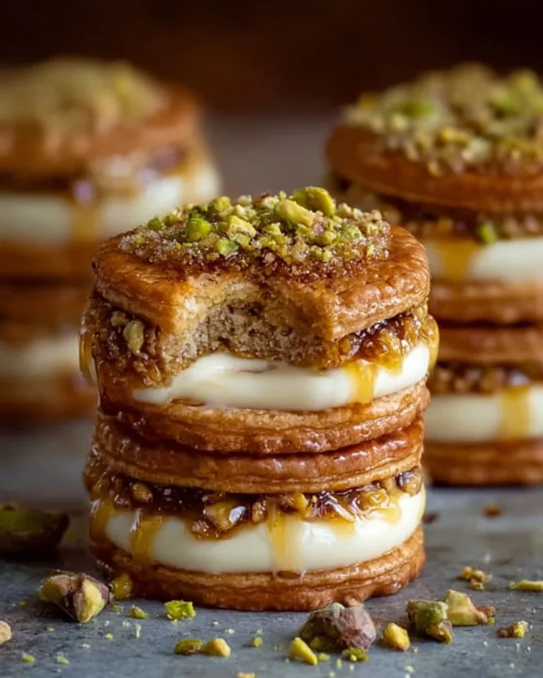 Baklava Cream Sandwich Cookies with flaky pastry and cream filling on a plate