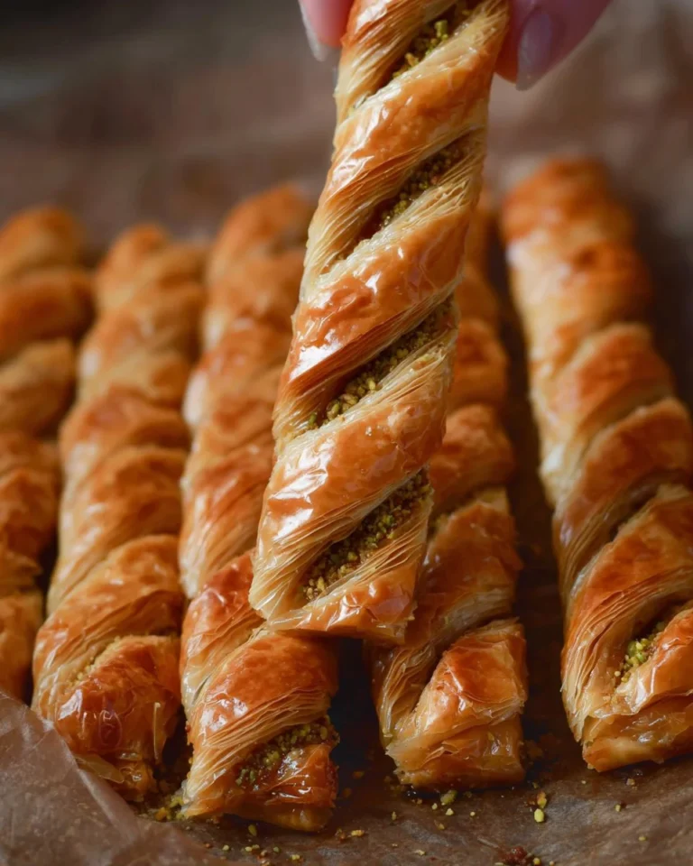 Delicious Baklava Twists with layers of phyllo dough and nuts, drizzled with honey.