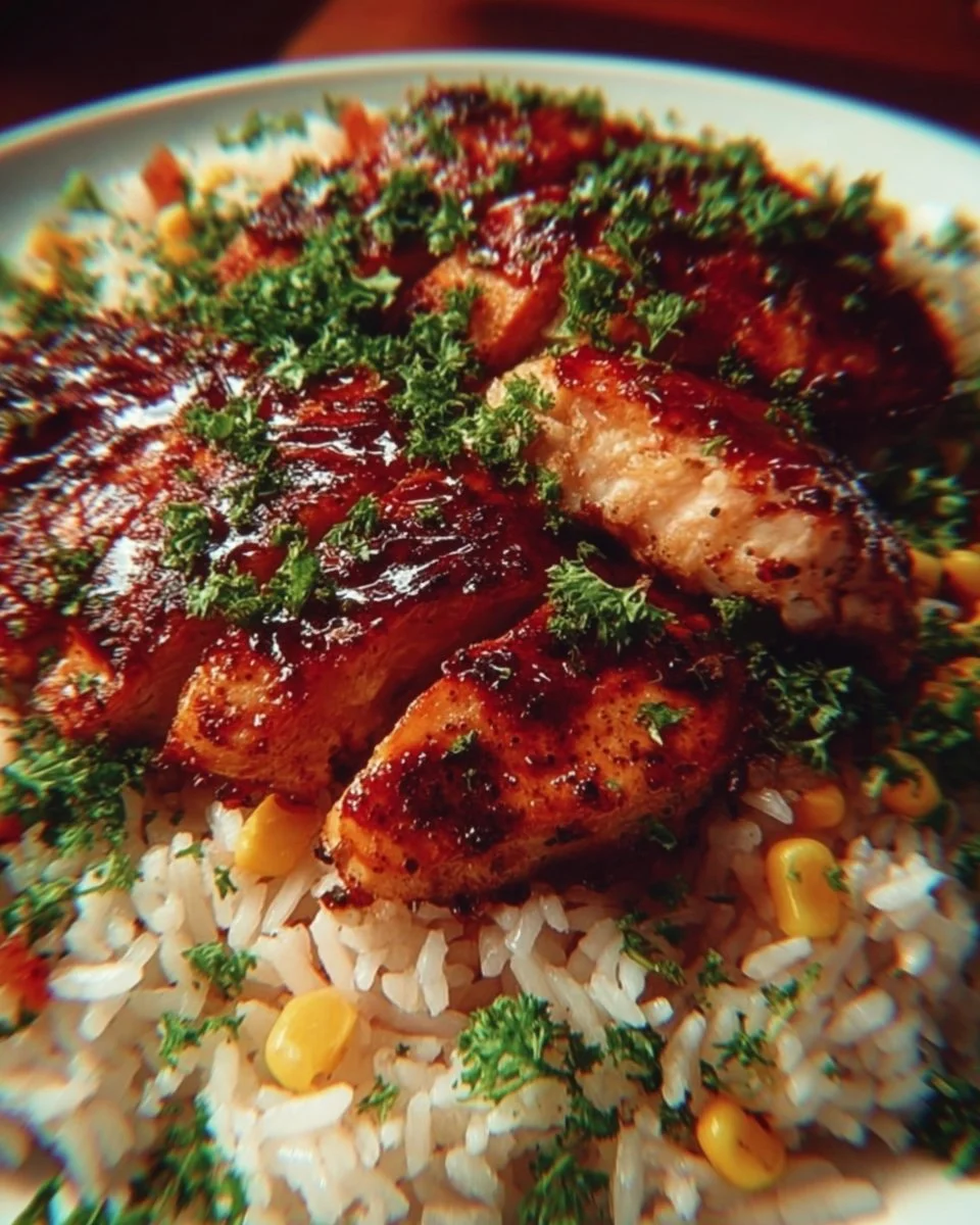 Plate of BBQ chicken served over rice with garnishes