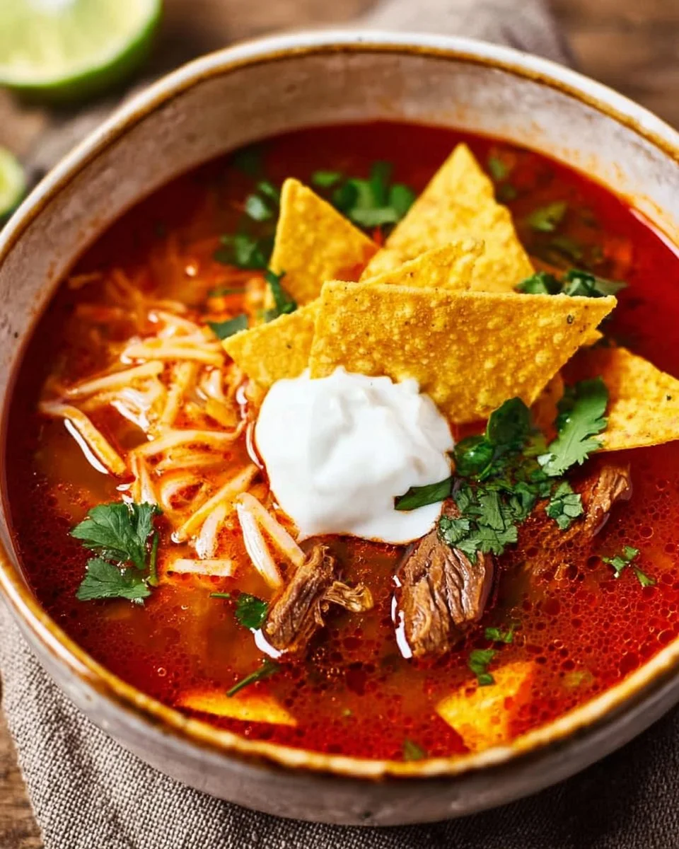 Delicious bowl of Beef Tortilla Soup topped with crispy tortilla strips and herbs.