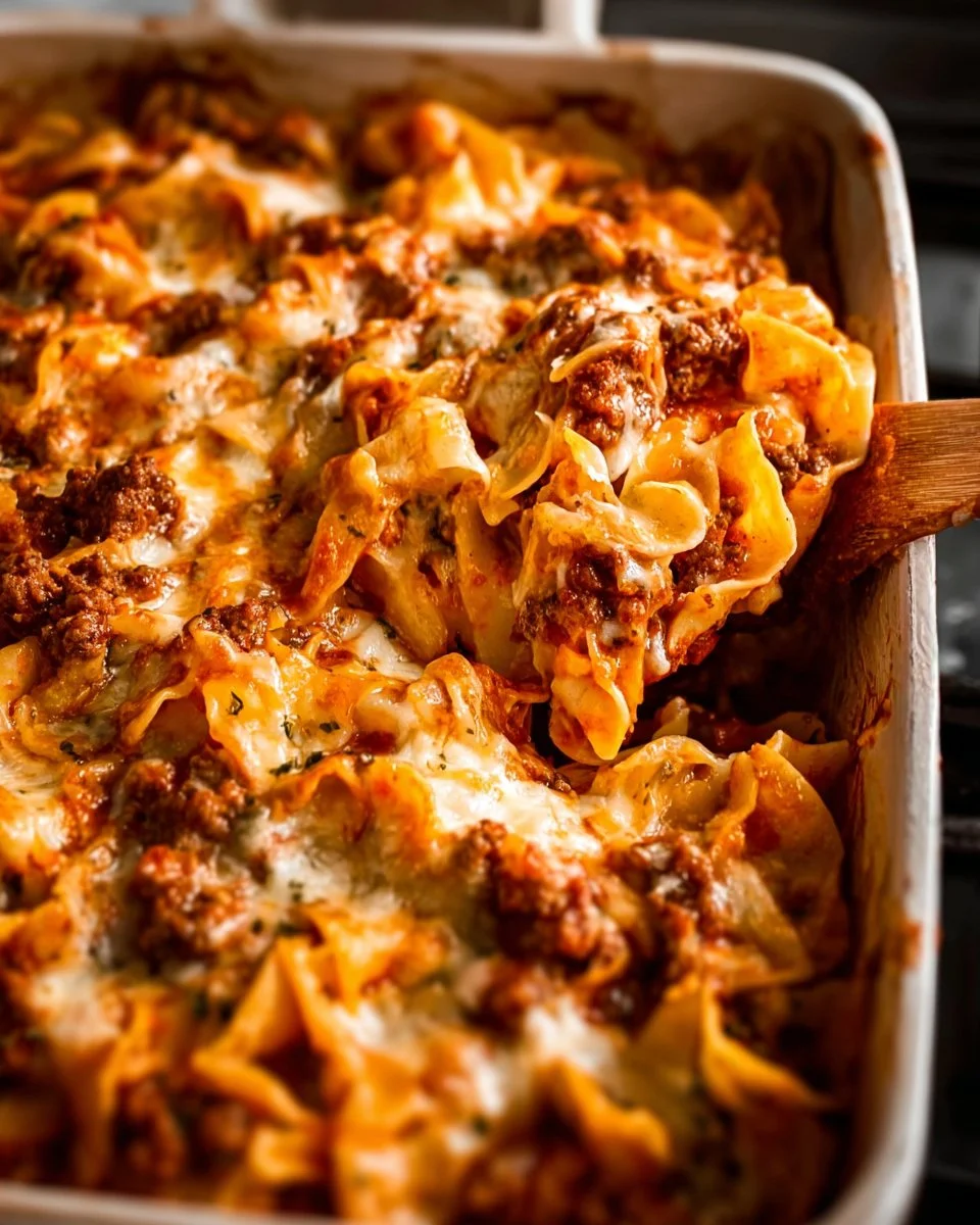 Beefy Sour Cream Noodle Bake served in a casserole dish with garnish