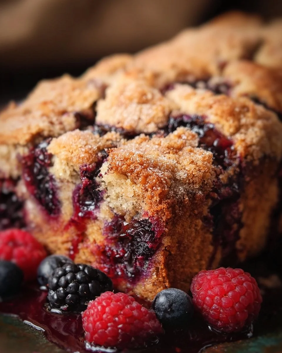 Delicious Berry Coffee Cake topped with fresh berries on a plate