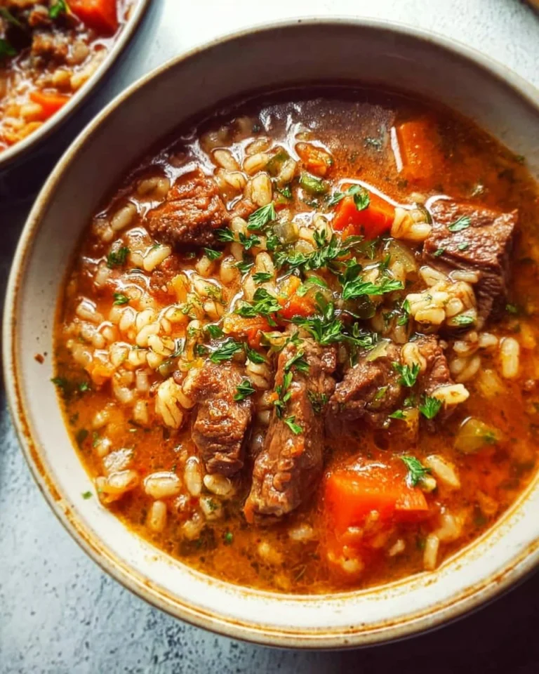 Bowl of delicious beef barley soup with vegetables and herbs