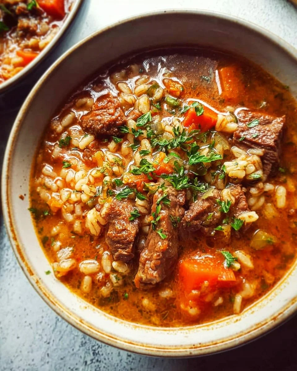 Bowl of delicious beef barley soup with vegetables and herbs