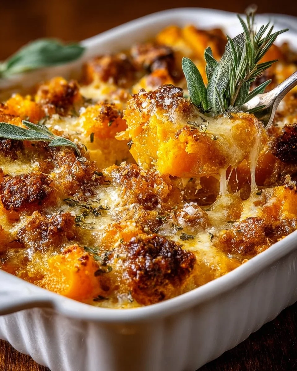 Delicious butternut squash casserole baked to perfection.