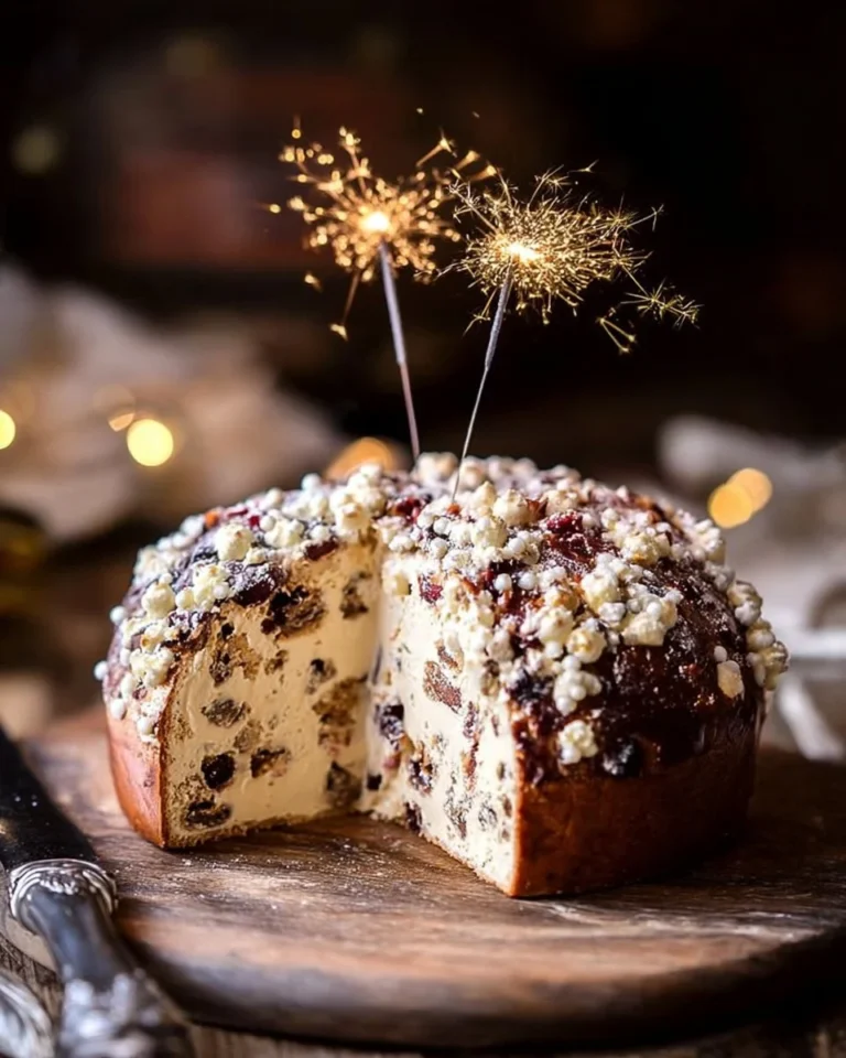 Deliciously layered panettone ice cream cake topped with festive decorations.