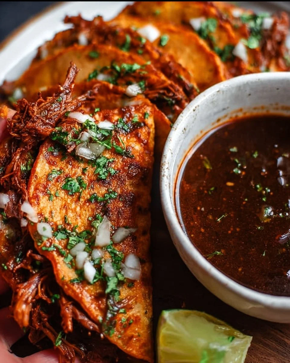 Delicious Birria Tacos served with broth and toppings