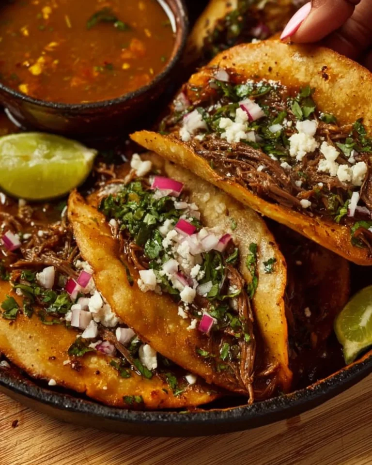 Delicious Birria Tacos served with flavorful broth and garnished with fresh toppings