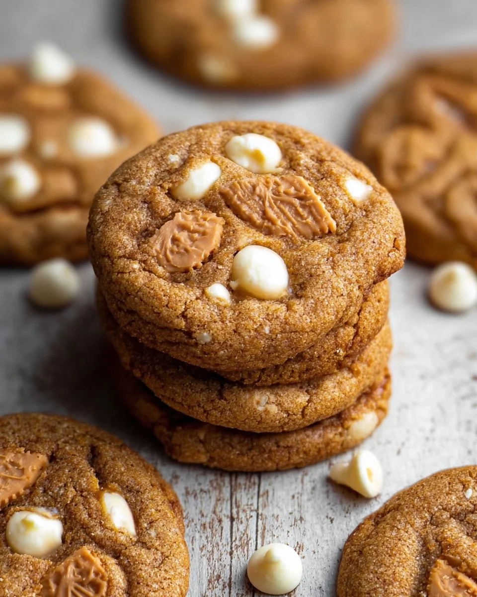 Biscoff cookie butter white chocolate chip cookies on a plate