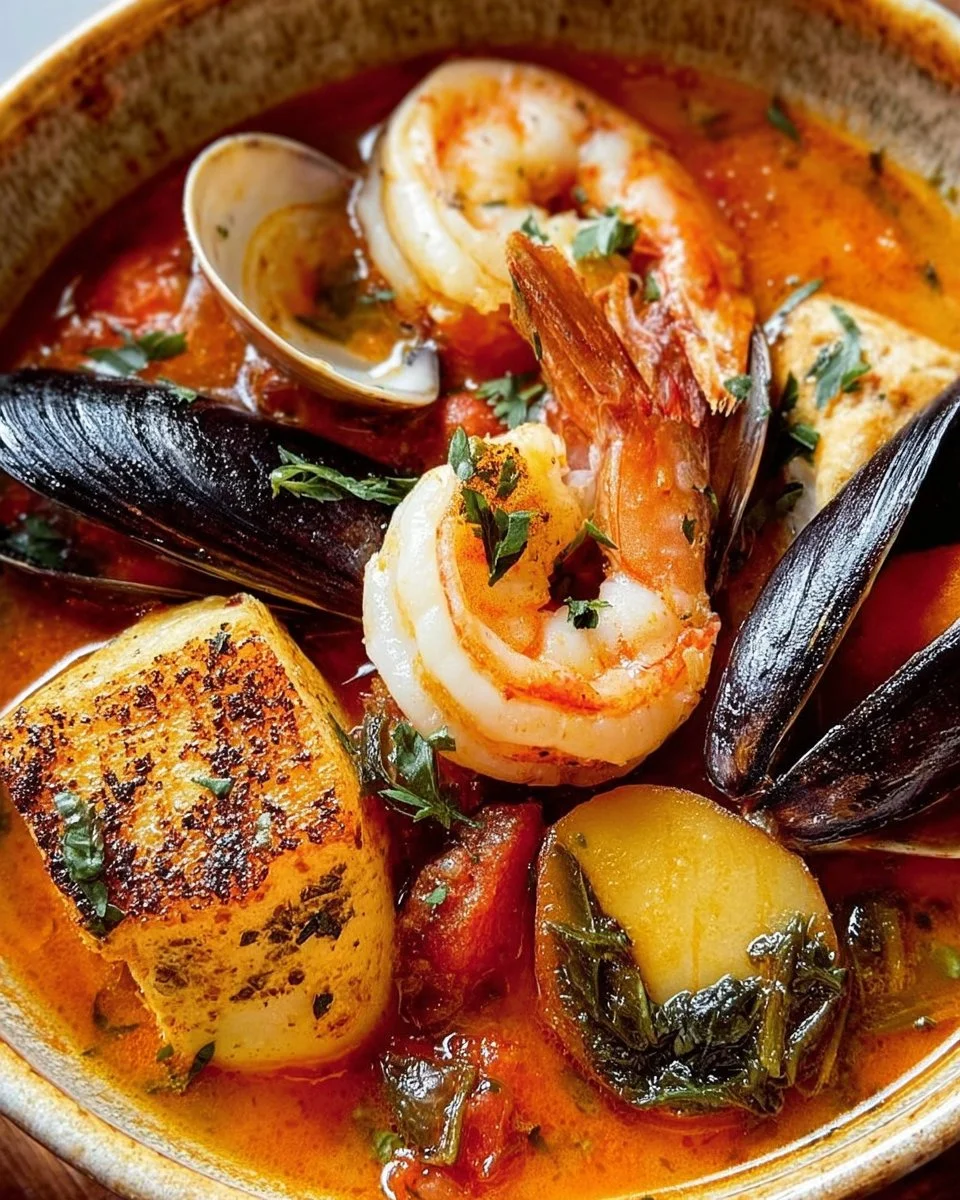 Delicious bowl of Bouillabaisse, a traditional French seafood stew.