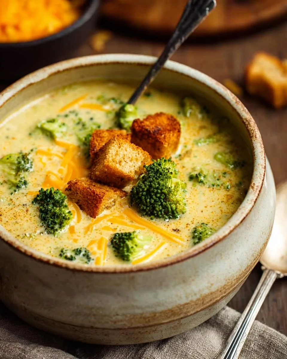 Bowl of creamy broccoli cheddar soup garnished with fresh herbs