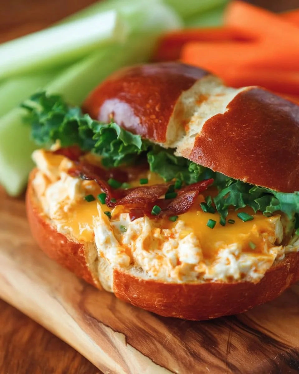 Delicious Buffalo Chicken dip and sandwich served with fresh vegetables