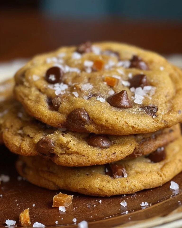 Butterscotch chocolate chip cookies topped with sea salt on a plate