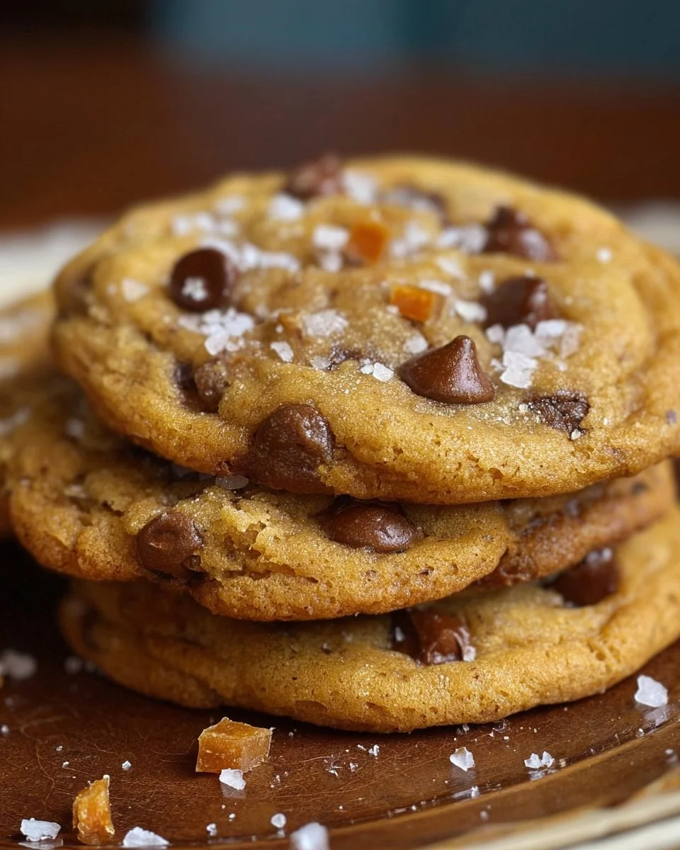 Butterscotch chocolate chip cookies topped with sea salt on a plate