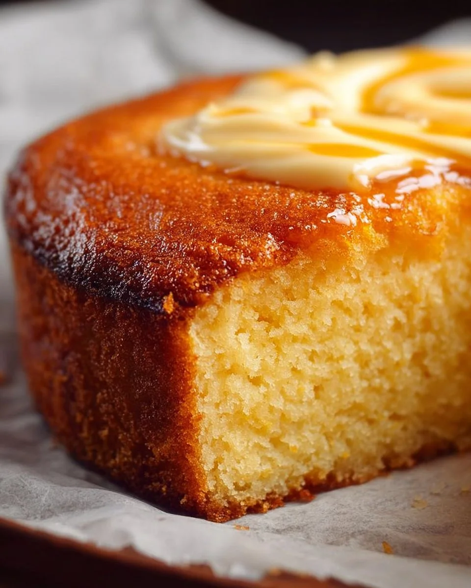 Delicious buttery cornbread cake served on a rustic wooden table
