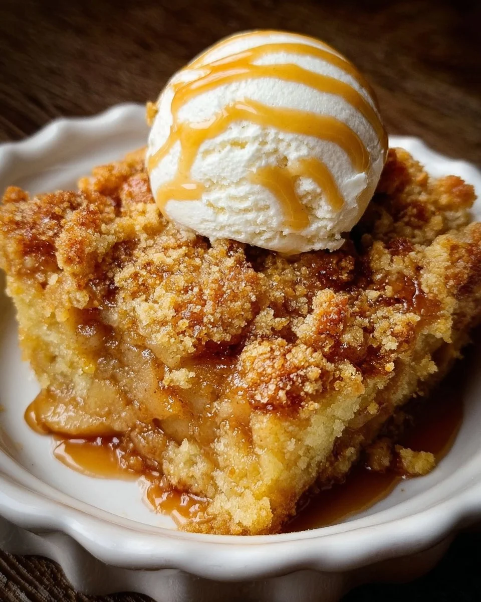 Delicious caramel apple dump cake with caramel drizzle and sliced apples