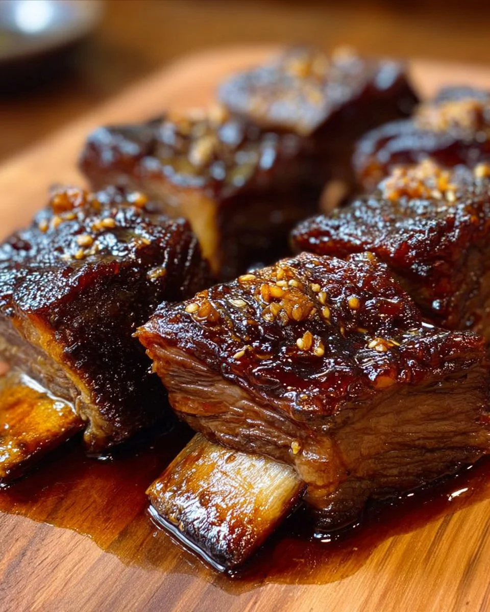 Caramelized slow roast Asian beef short ribs on a plate garnished with herbs