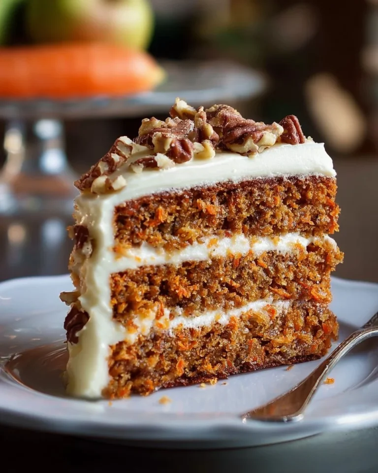 Delicious homemade carrot cake topped with cream cheese frosting and walnuts.