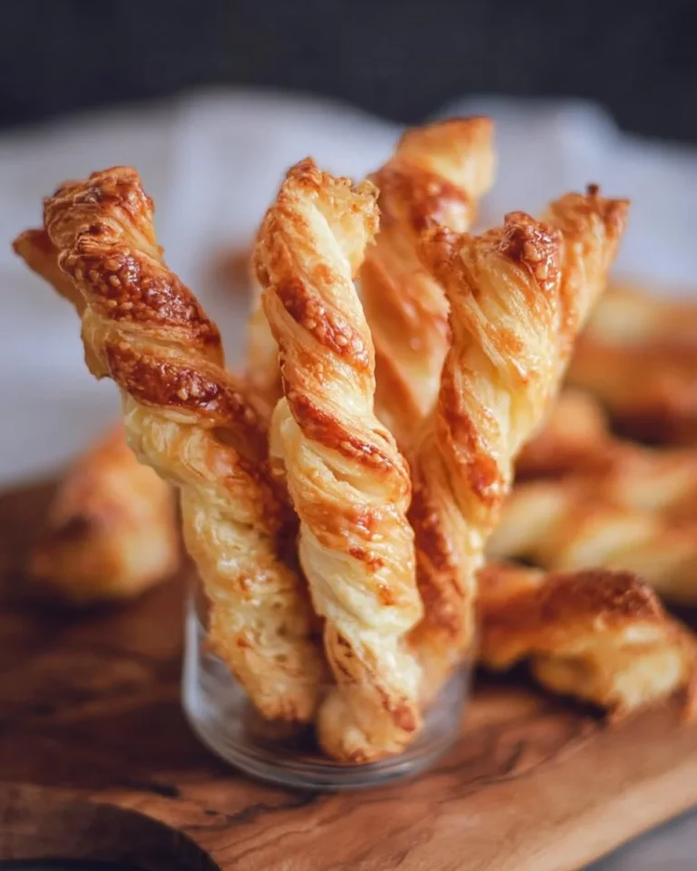 Delicious cheese puff pastry twists on a wooden board