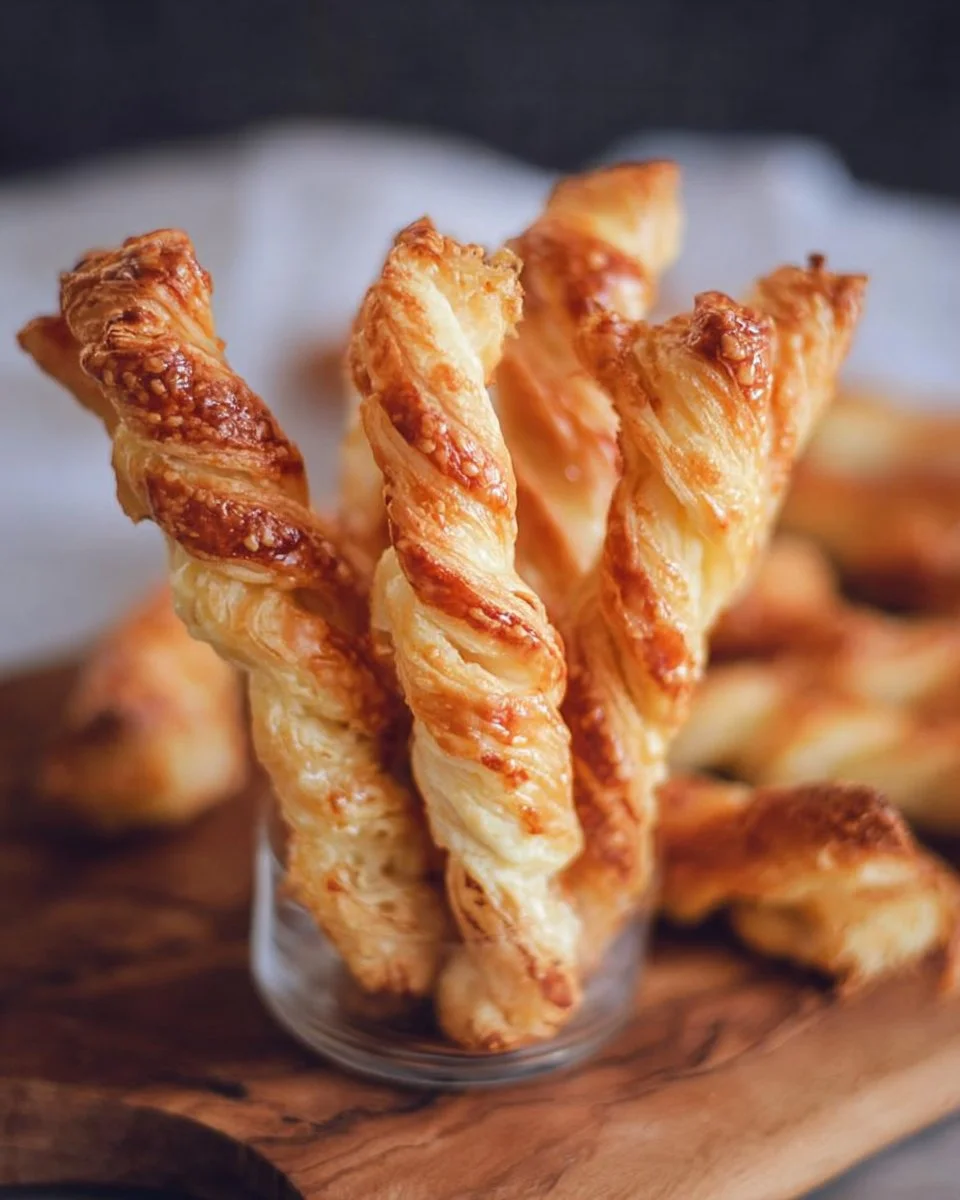 Delicious cheese puff pastry twists on a wooden board