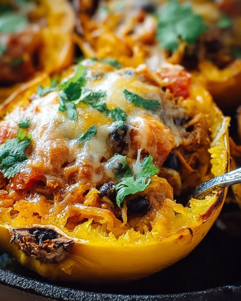 Cheesy spaghetti squash enchilada boats garnished and ready to serve.