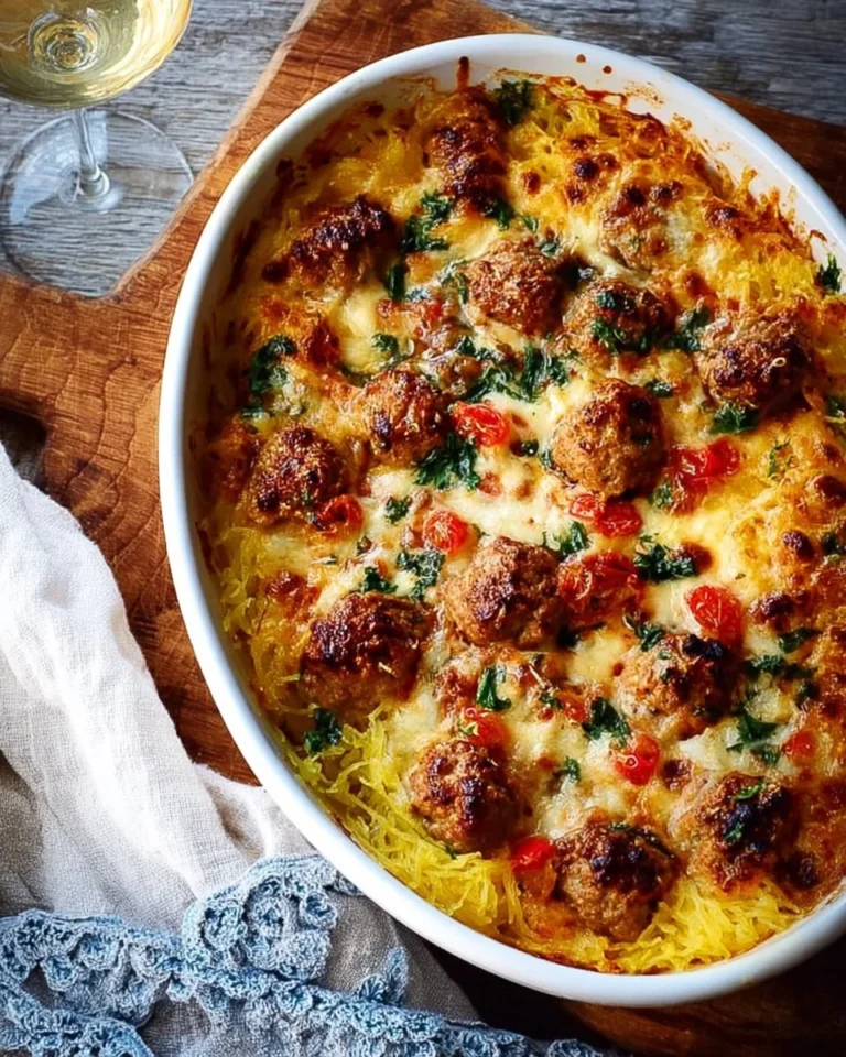 Cheesy spaghetti squash meatball casserole topped with melted cheese