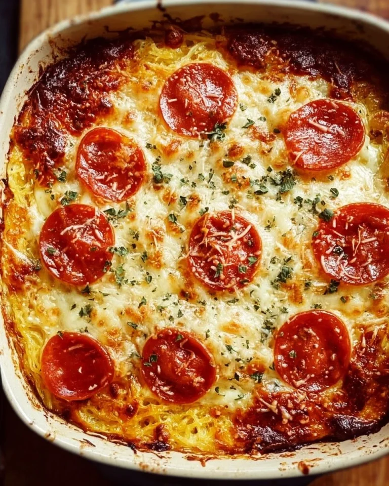Cheesy spaghetti squash pizza casserole served in a baking dish