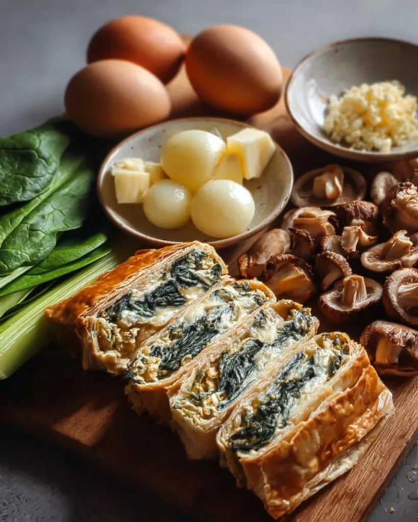 Chestnut, Spinach, and Blue Cheese wrapped in flaky Puff Pastry