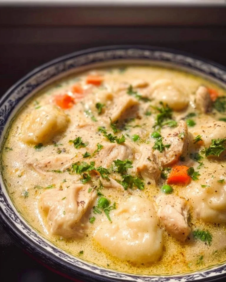 Delicious bowl of Chicken and Dumplings with savory broth and fluffy dumplings.
