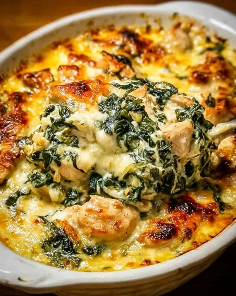 Delicious Chicken and Spinach Casserole topped with cheese and herbs
