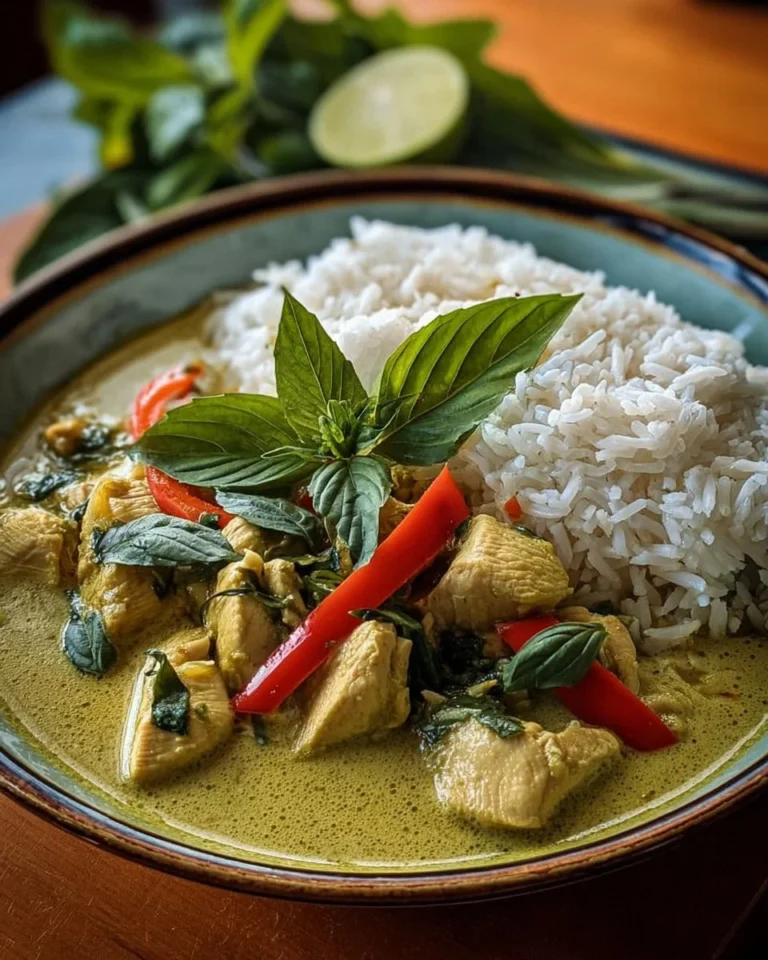 Bowl of Chicken Green Curry with fresh vegetables and herbs