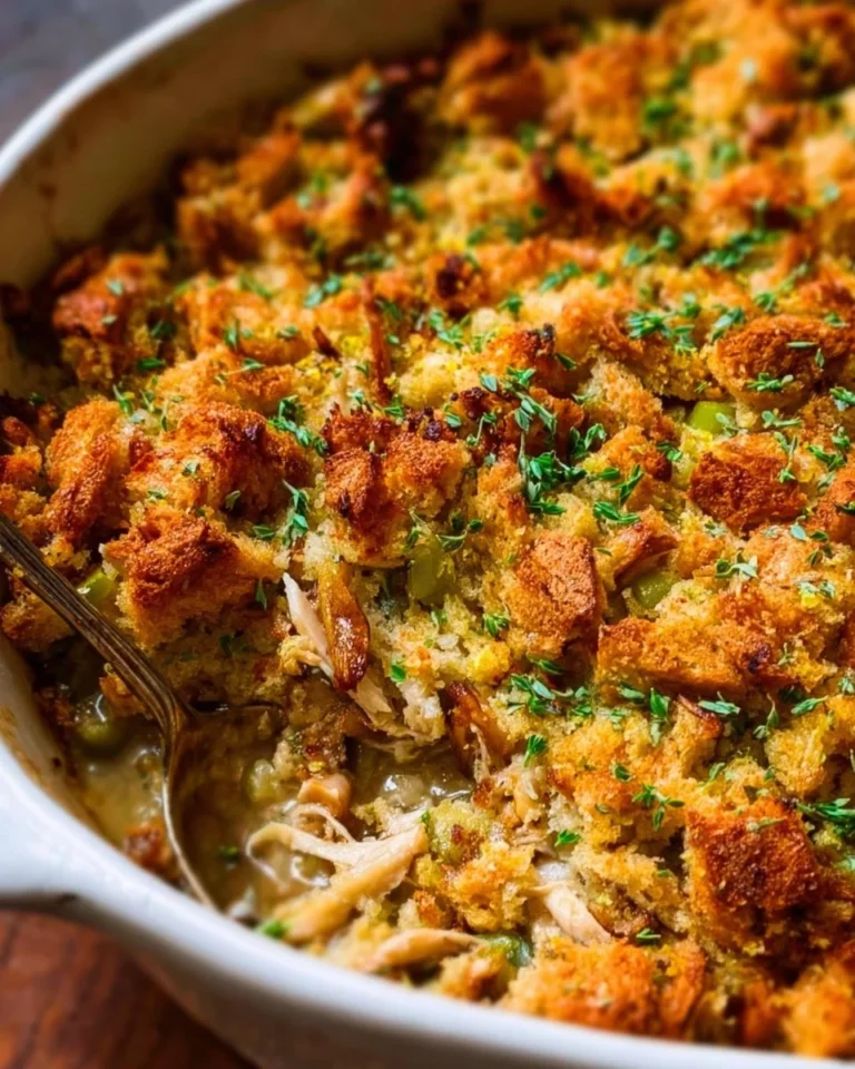 Delicious Chicken Stuffing Casserole served in a baking dish
