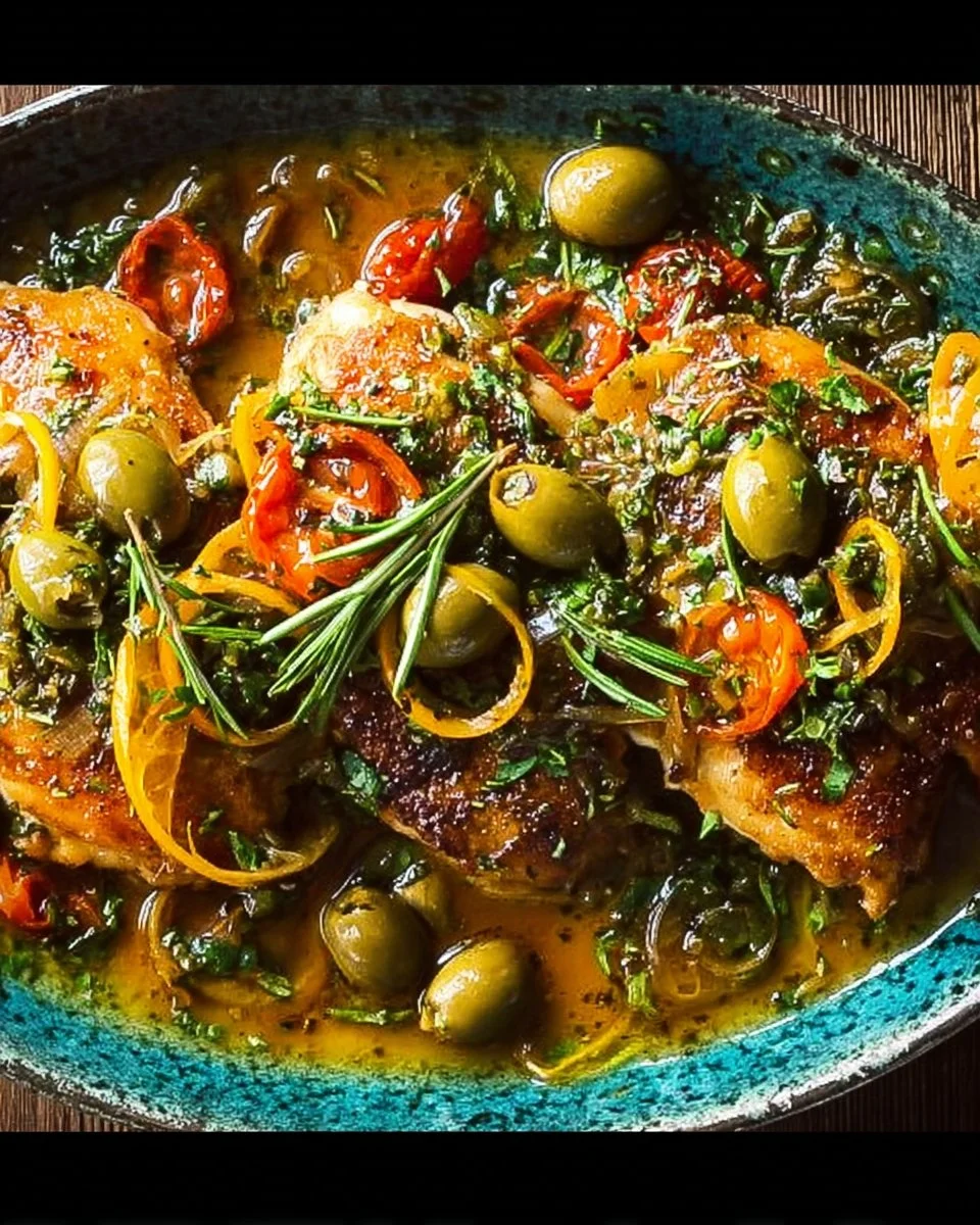 Plate of Chicken with Warm Olive Salsa garnished with fresh herbs