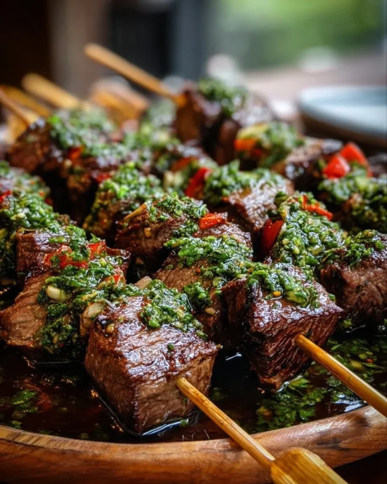 Grilled Chimichurri Steak Skewers served on a plate with fresh herbs.
