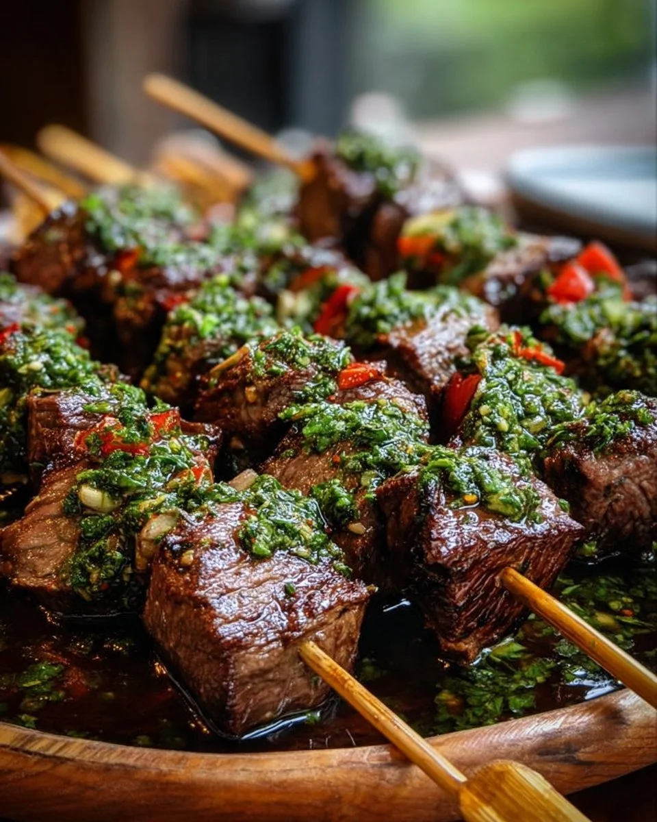 Grilled Chimichurri Steak Skewers served on a plate with fresh herbs.