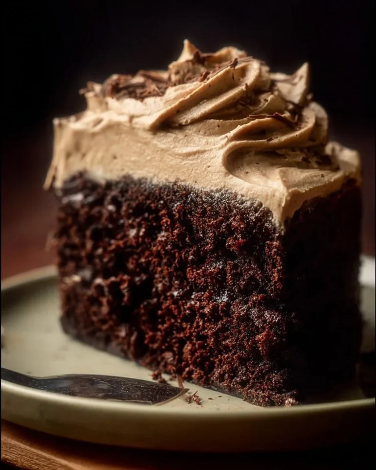 Delicious chocolate cake topped with creamy mocha buttercream frosting
