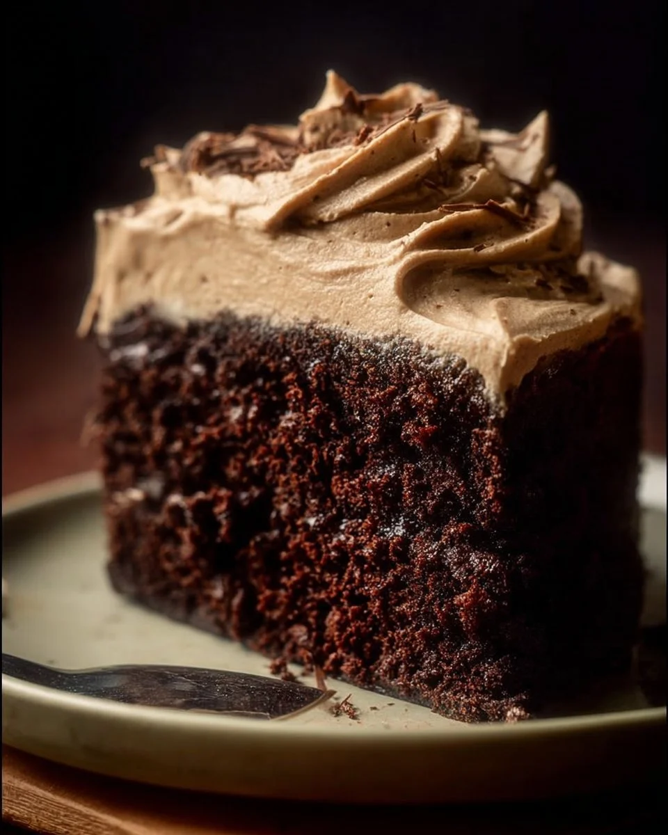 Delicious chocolate cake topped with creamy mocha buttercream frosting