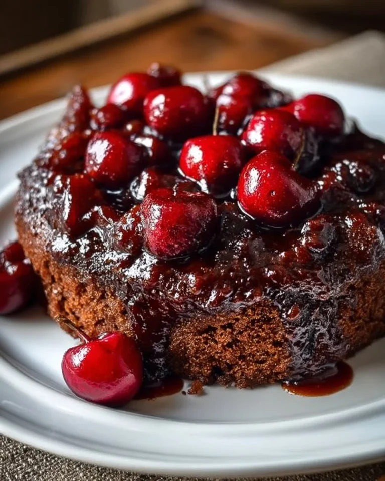 Moist Chocolate Cherry Upside Down Cake topped with luscious cherries