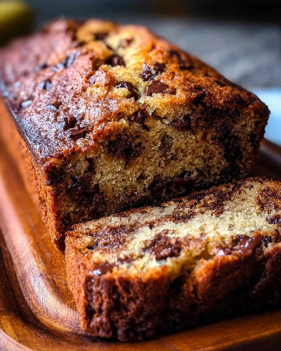 Moist and delicious chocolate chip banana bread loaf on a wooden table