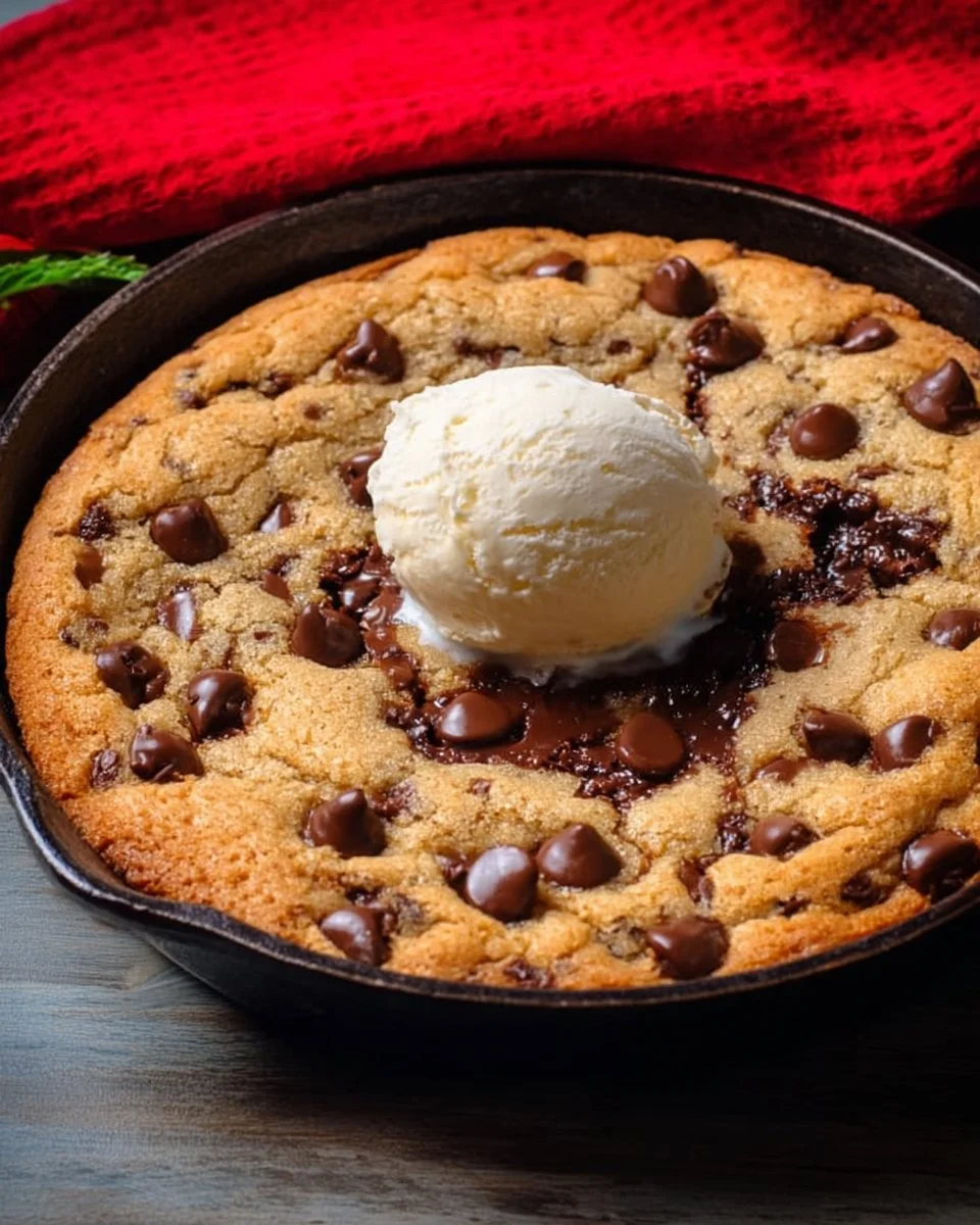 Delicious chocolate chip cookie skillet fresh out of the oven.