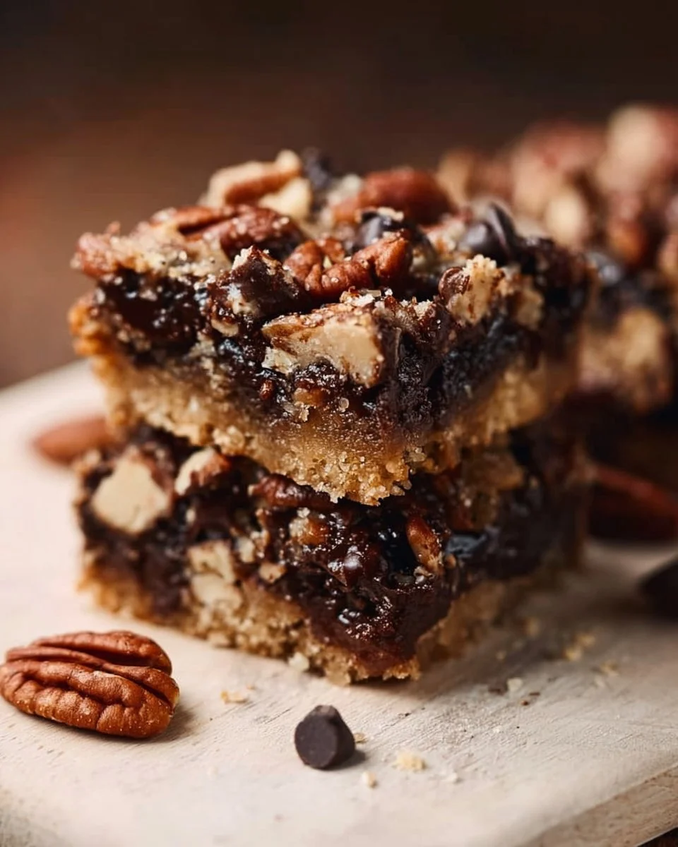Chocolate Chip Pecan Pie Shortbread Bars on a rustic wooden table