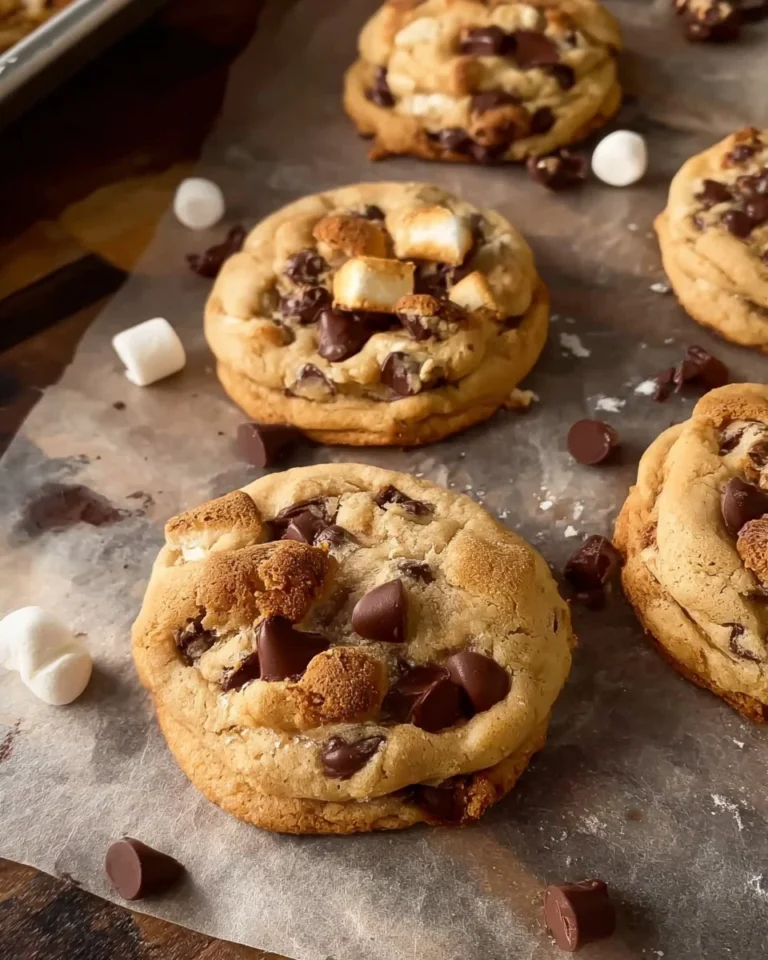 Delicious chocolate chip s'more cookies with gooey marshmallows and graham crackers