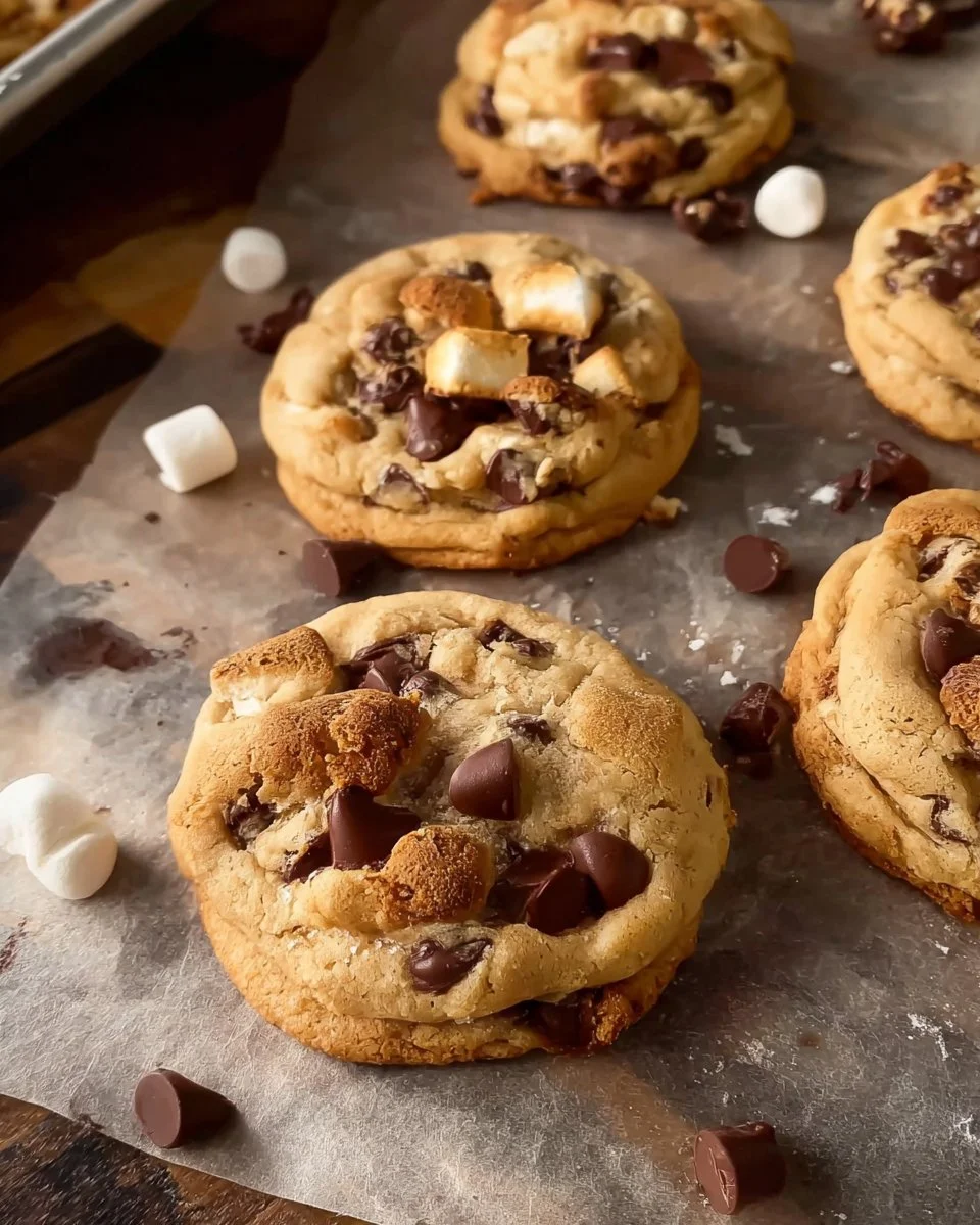 Delicious chocolate chip s'more cookies with gooey marshmallows and graham crackers