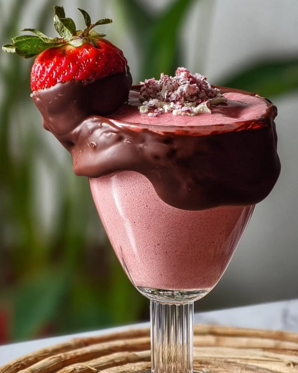 Delicious chocolate covered strawberry smoothie in a glass with strawberries