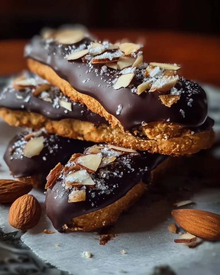 Chocolate dipped almond fingers drizzled with dark chocolate on a white plate.