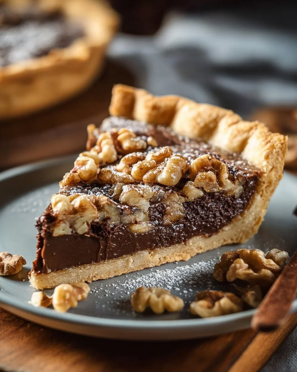 Delicious Chocolate Walnut Pie served on a plate with nuts and chocolate drizzle