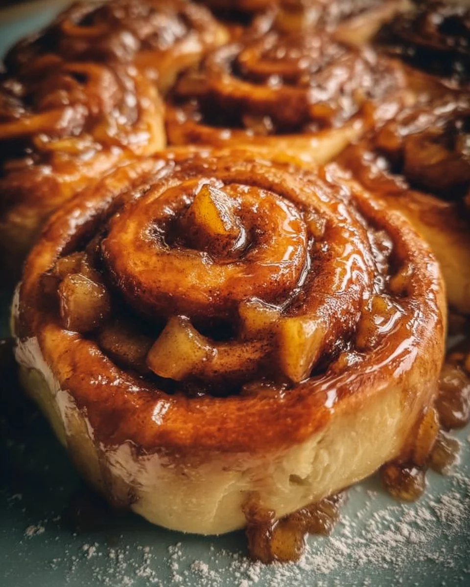 Cinnamon rolls filled with apple pie filling, fresh from the oven.