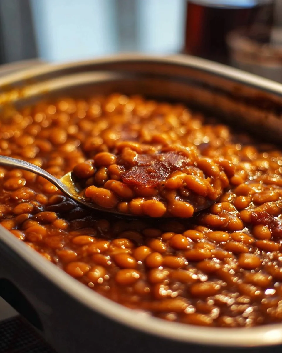 A bowl of classic baked beans garnished with parsley.