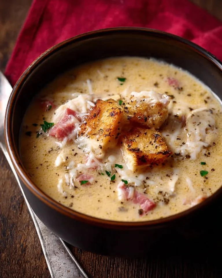 Bowl of Keto Chicken Cordon Bleu Soup with chicken, ham, and cheese.