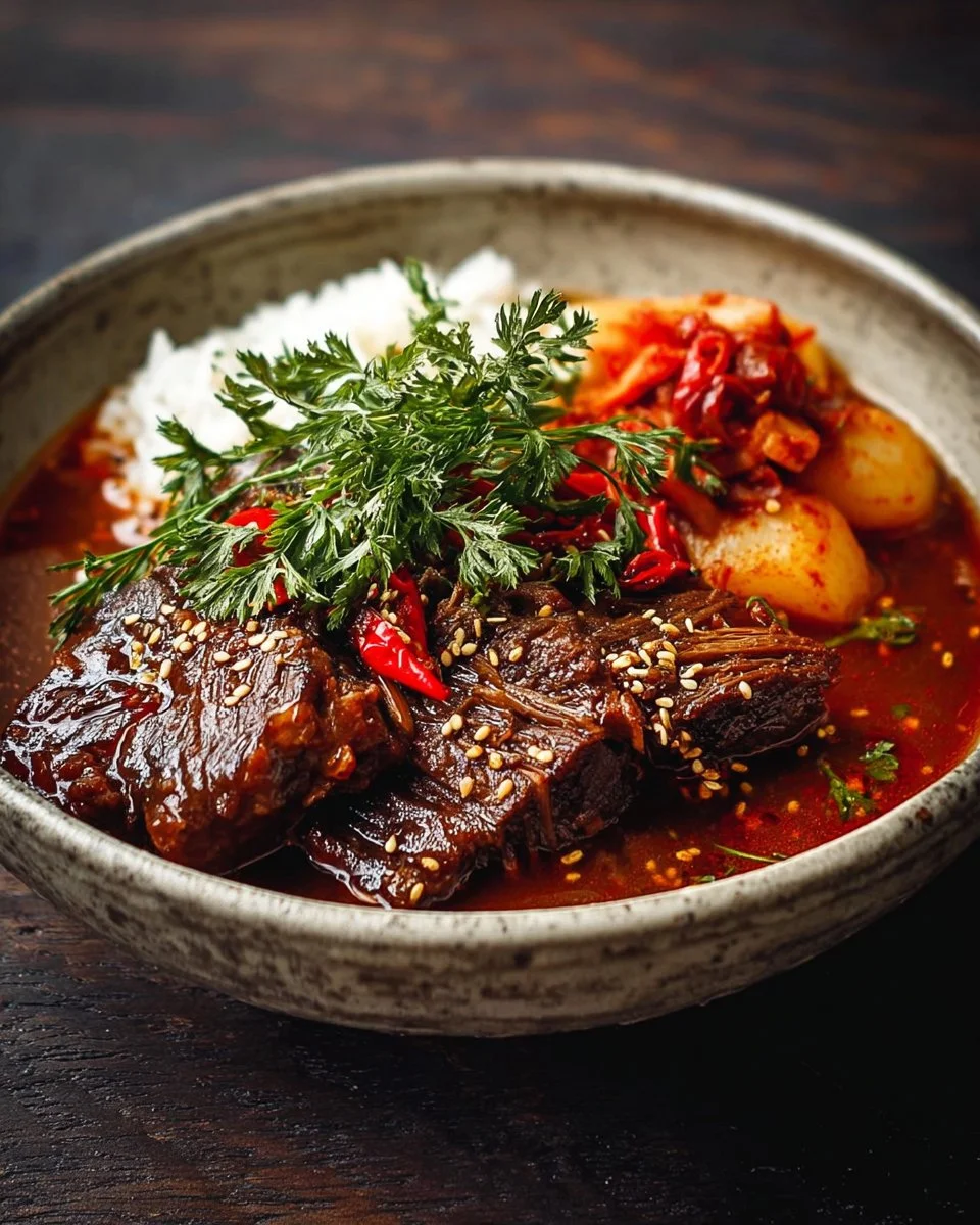 A delicious plate of Classic Korean Pot Roast garnished with vegetables and spices.